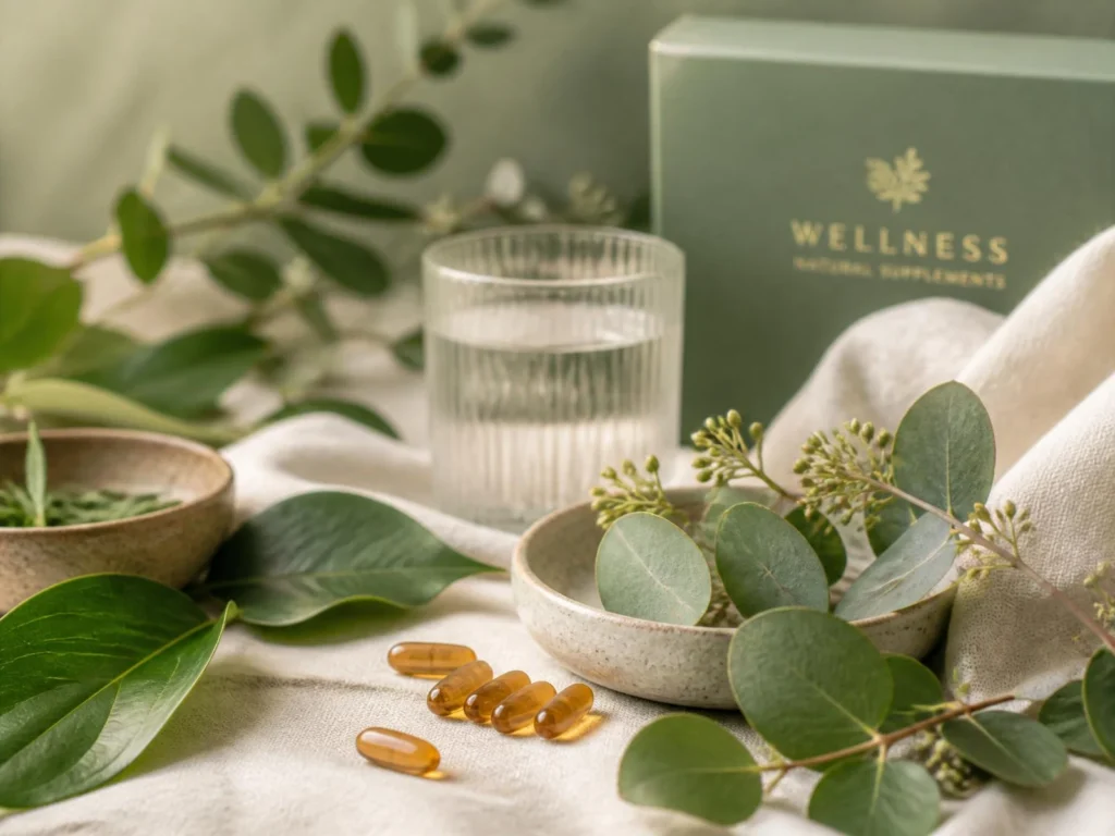 Natural wellness supplements arranged with botanicals